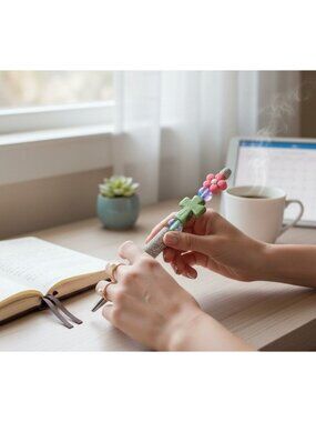 Beaded Rhinestone Pen With Green Cross Pink Flower & Glitter Accents